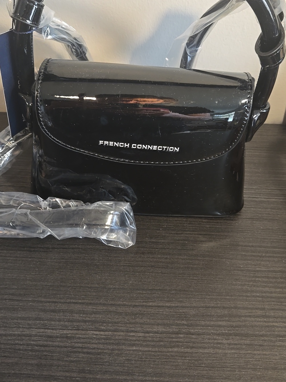 NWT French Connection Black Patent Mini Top-Handle Bag Retail 88